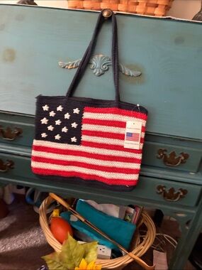 Stars & Stripes American Flag Crochet Tote Bag - Navy, Red & White